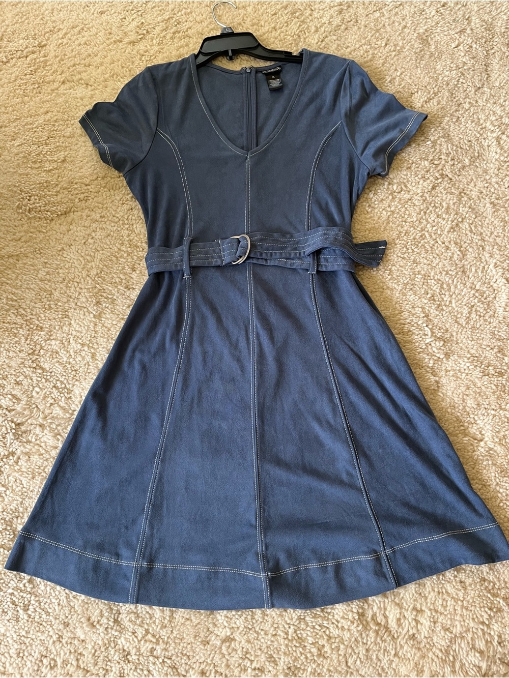 Women's V-Neck Belted Midi Dress Smoky Blue Sz XL fits L Soft Stretch LIKE NEW